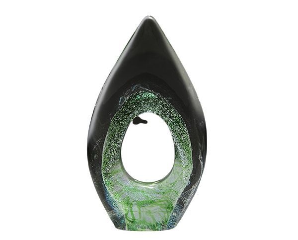Black and green abstract glass sculpture with a teardrop opening and pointed top