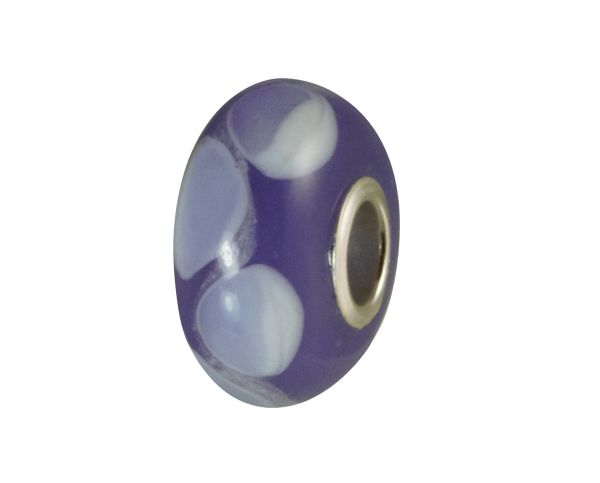 Purple glass bead with pale blue spots and a silver center hole