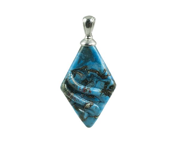 Blue diamond-shaped pendant with silver bail and swirling black-and-gold design