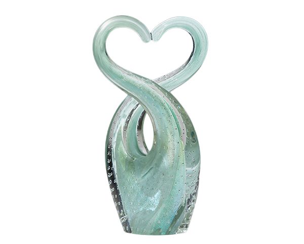 Abstract teal glass sculpture with a heart-shaped loop at the top