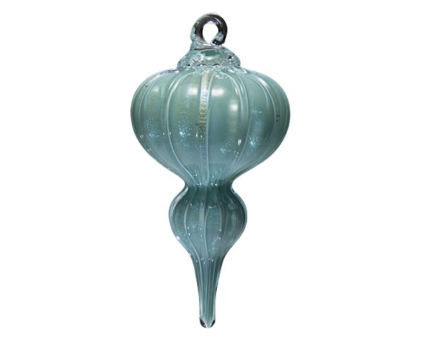 Translucent blue-green ribbed glass ornament with a hanging loop