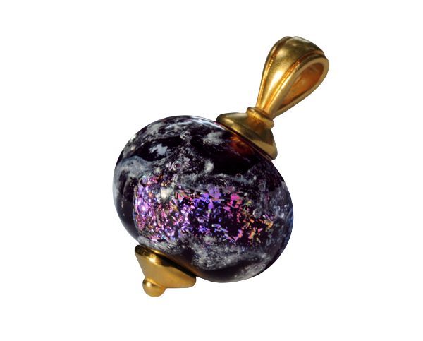Gold pendant with a glossy black and purple speckled gemstone on a white background