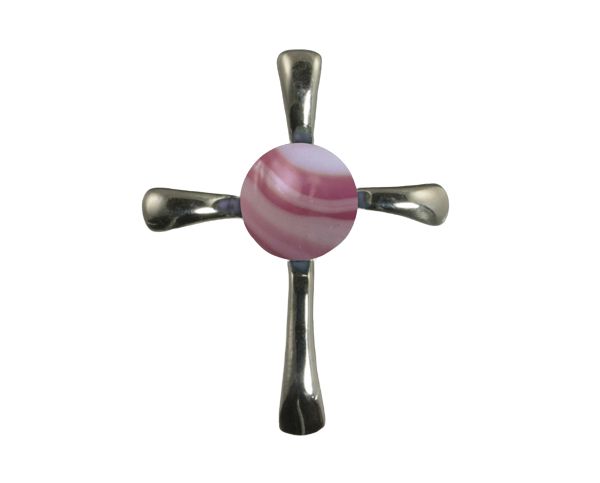 Silver cross with a pink striped round center on a white background