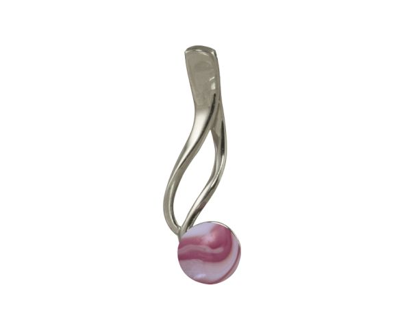 Silver pendant with a pink marbled bead on a white background