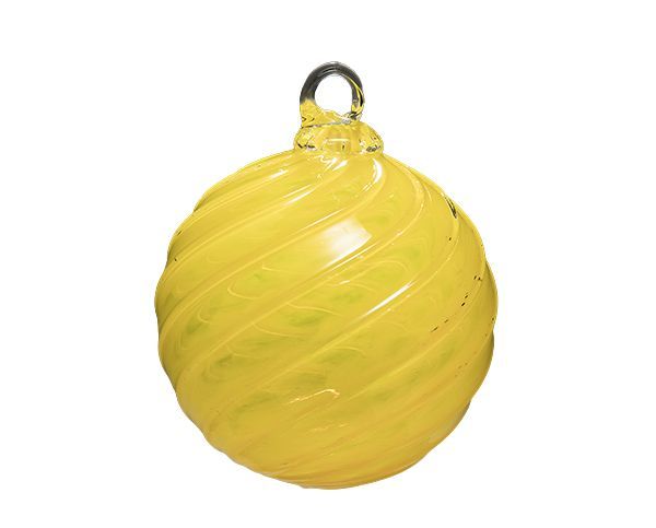 Yellow glass ornament with spiral ridges and a metal hanging loop