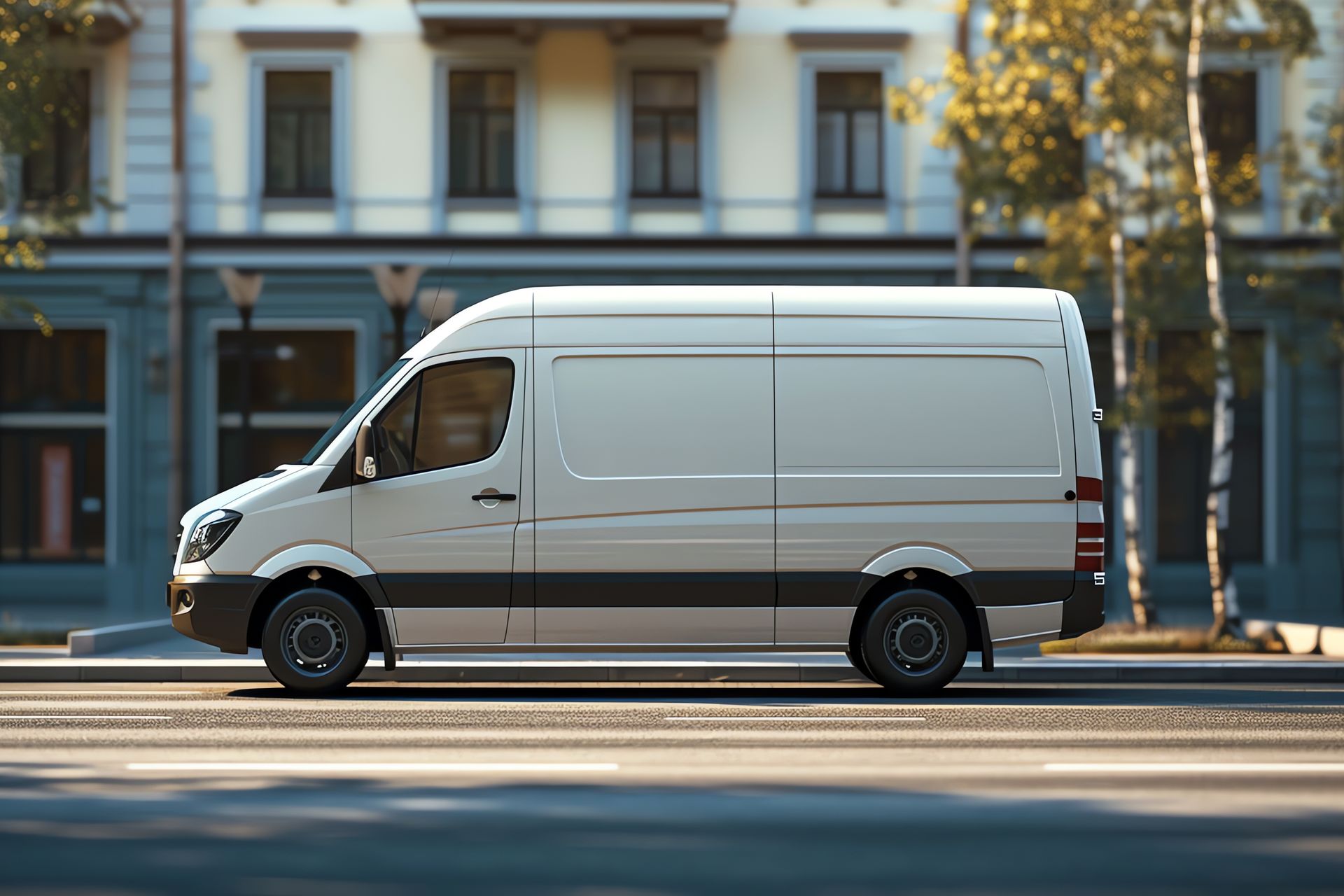 White cargo van parked on a city street in front of a building