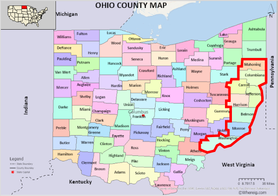 Ohio County map of West Virginia, with county outlined in red and neighboring states labeled.