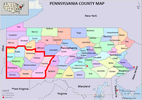 Colorful Pennsylvania county map with county names and a red highlighted route/region in the west