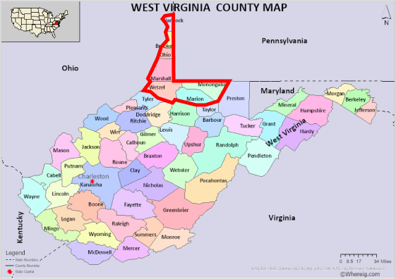 West Virginia county map with one northern county outlined in red; inset U.S. location map.