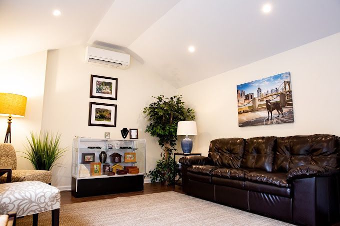 Bright living room with brown leather sofa, framed art, lamp, plants, and a fire-themed wall painting