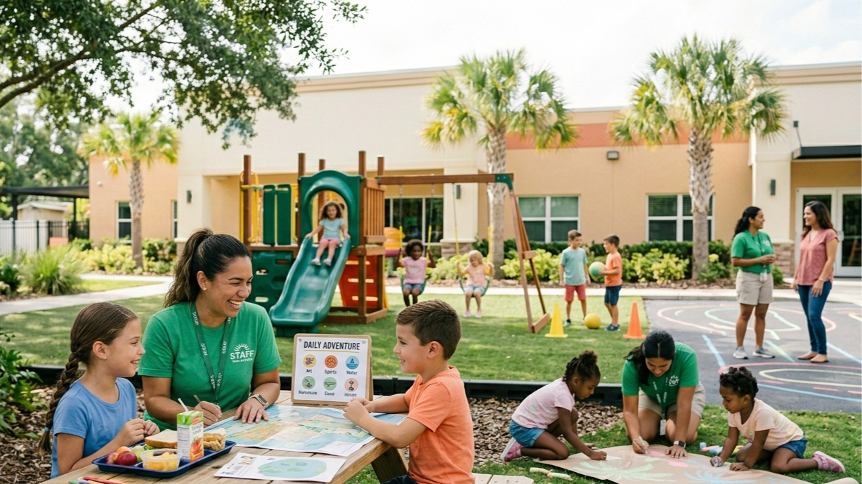 A teacher and children engage in outdoor learning at a picnic table and on the grass near a playground.