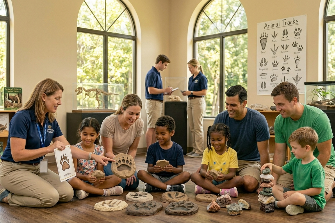 Educators lead a group of children in a room, identifying animal tracks from clay casts arranged on the floor.