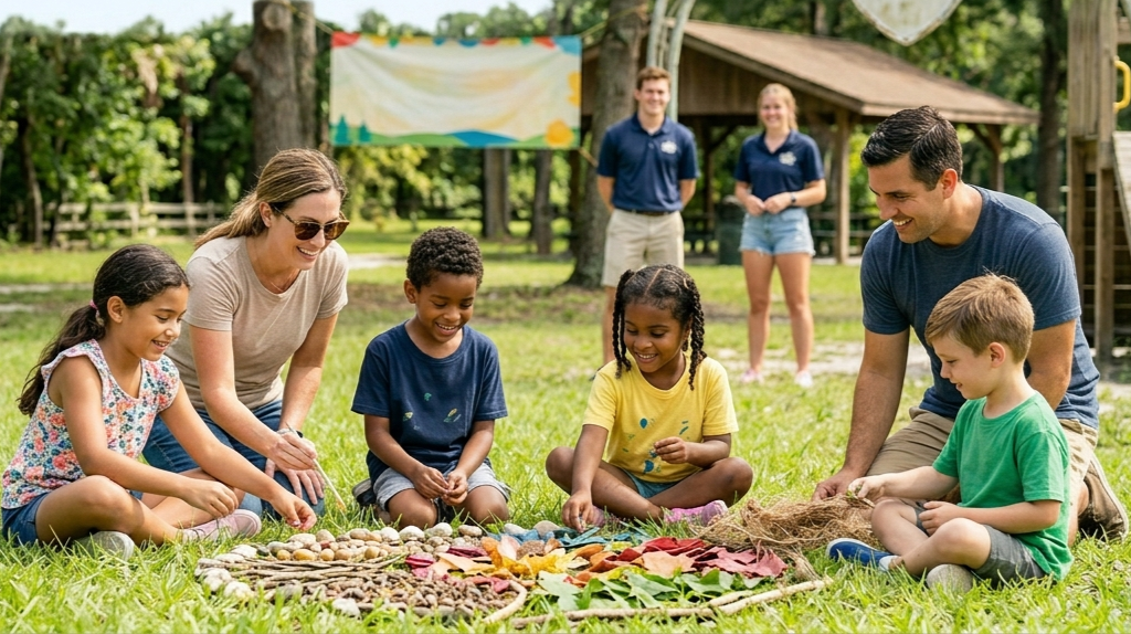 A group of adults and children sit on grass outdoors, creating a colorful nature-based mandala art project together.