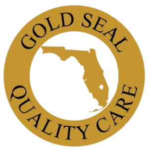 A gold seal quality care logo with a map of florida