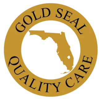 A gold seal quality care logo with a map of florida