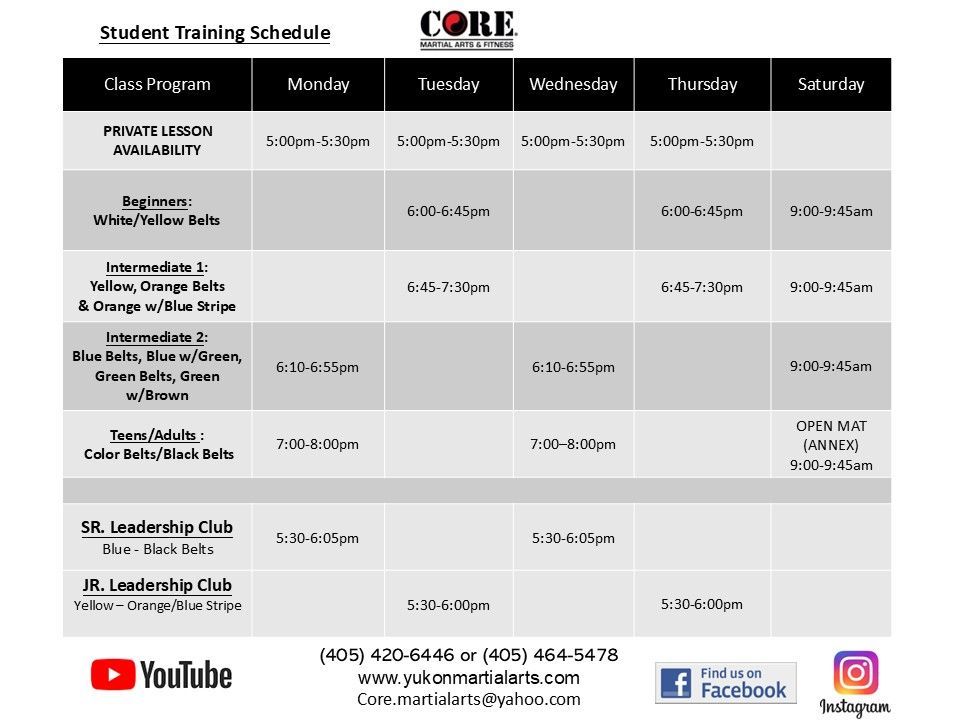 A schedule of classes for the leadership club
