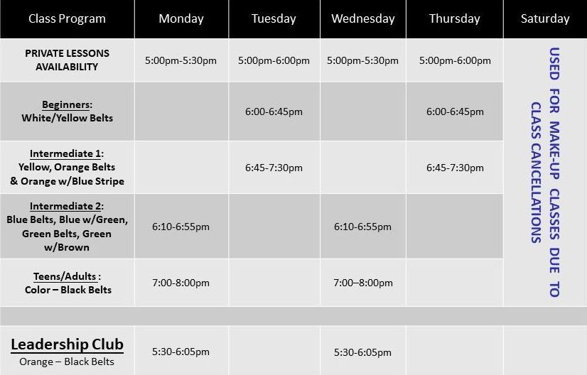A schedule of classes for the leadership club