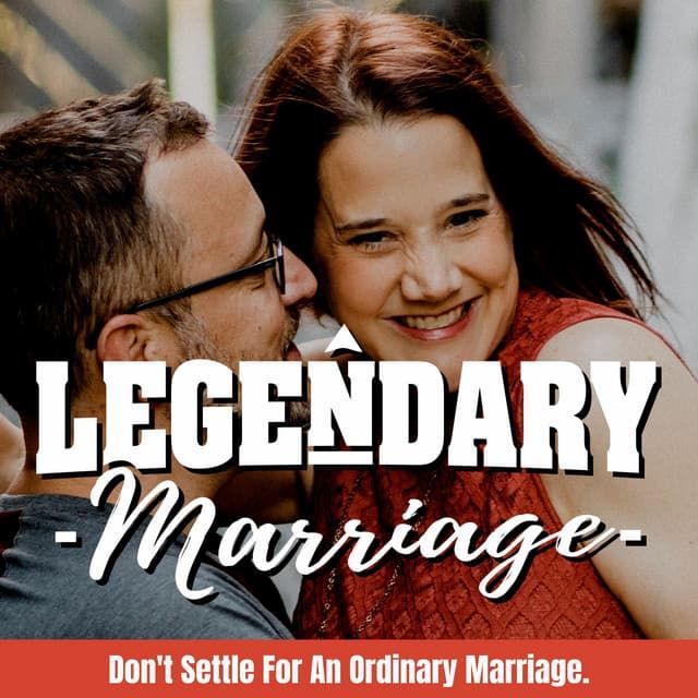 A man and woman kissing with the words legendary marriage below them