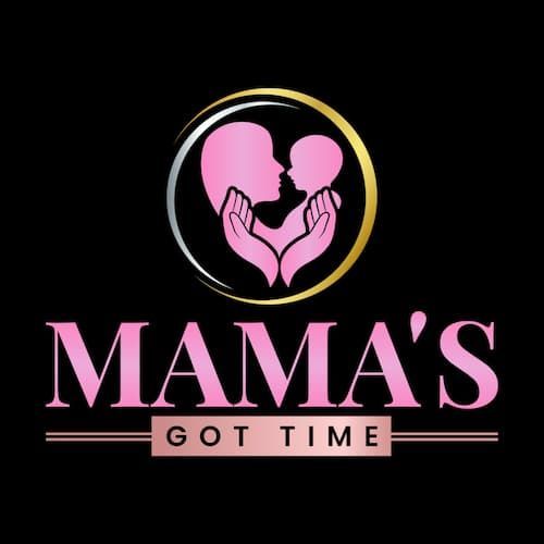 A logo for mama 's got time with a woman holding a baby in her hands.