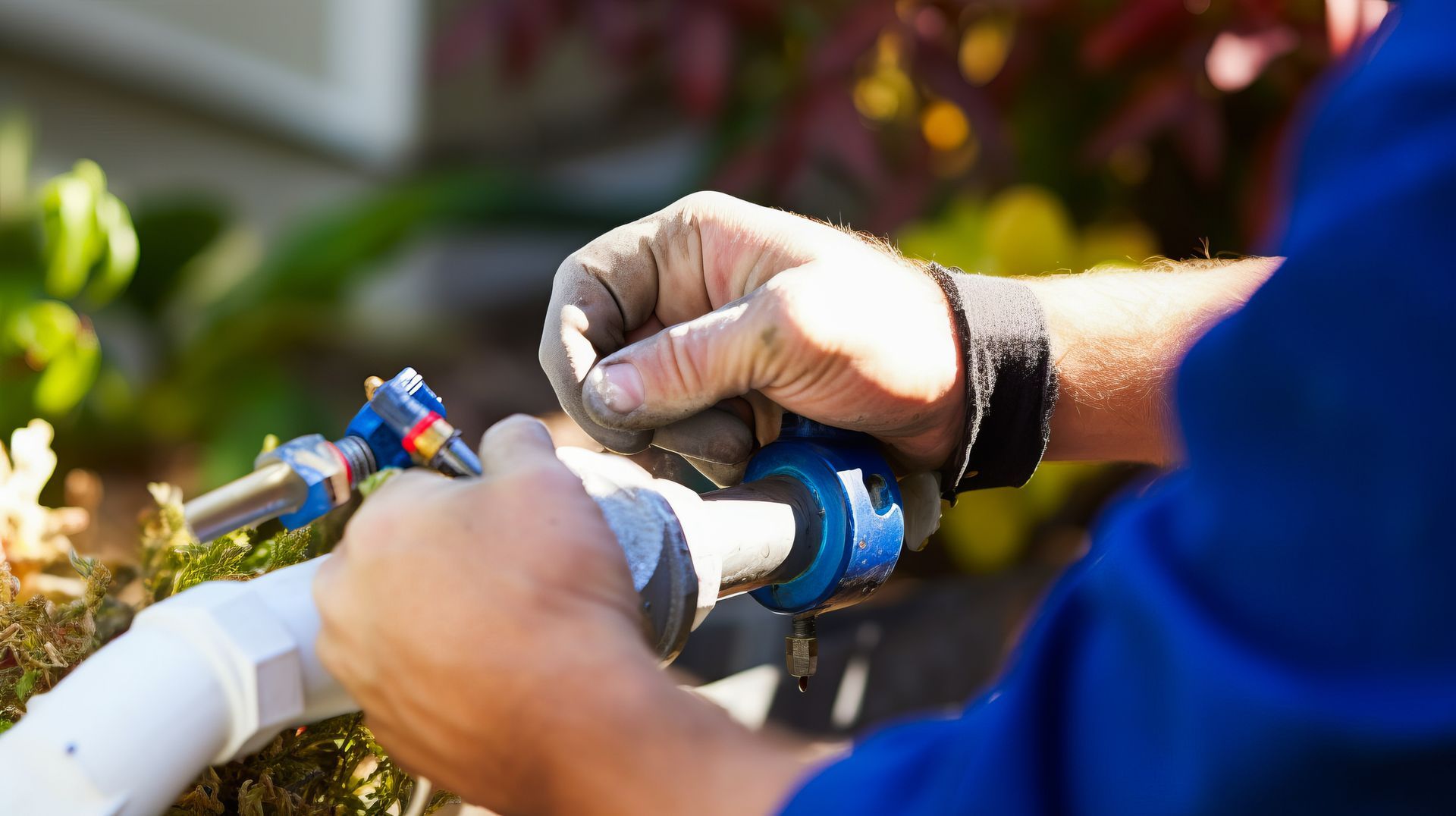 A man in a blue shirt is working on a hose.
