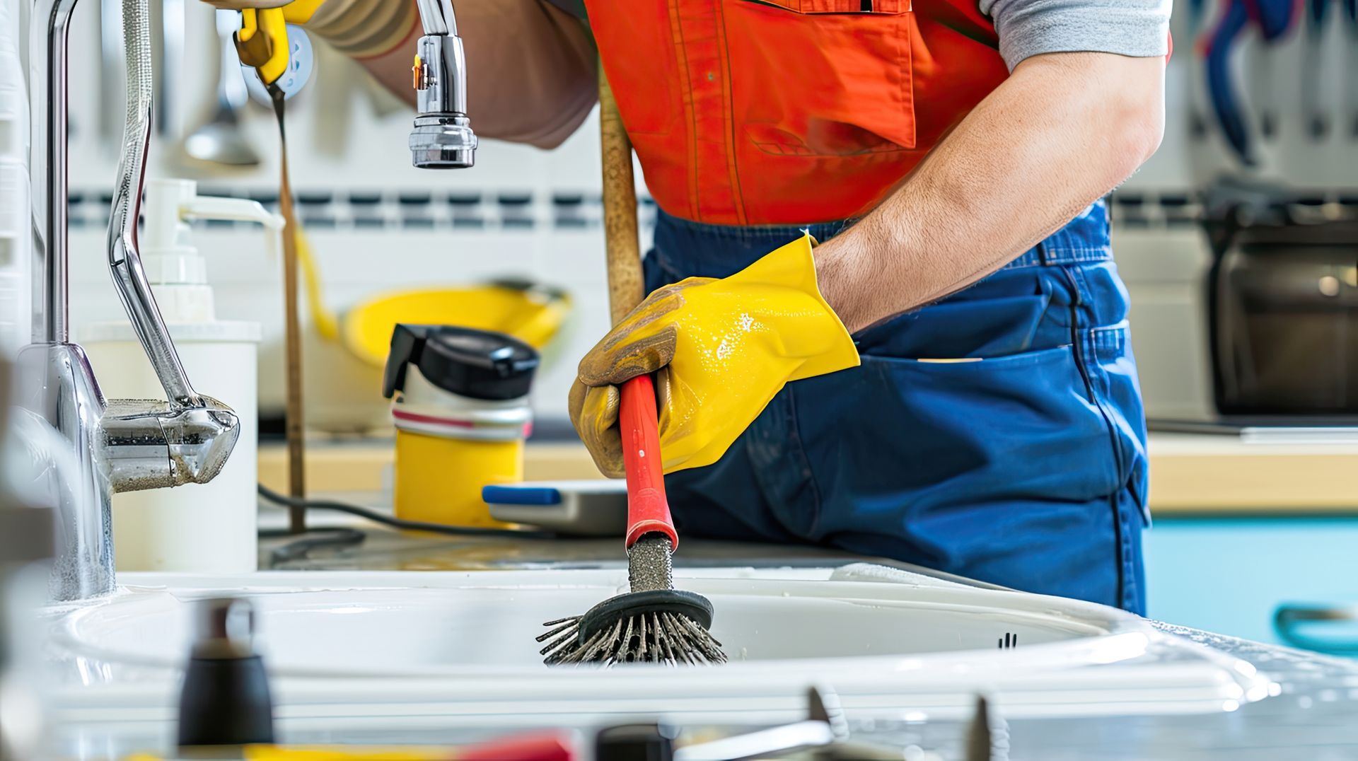 A plumber is cleaning a sink with a plunger.