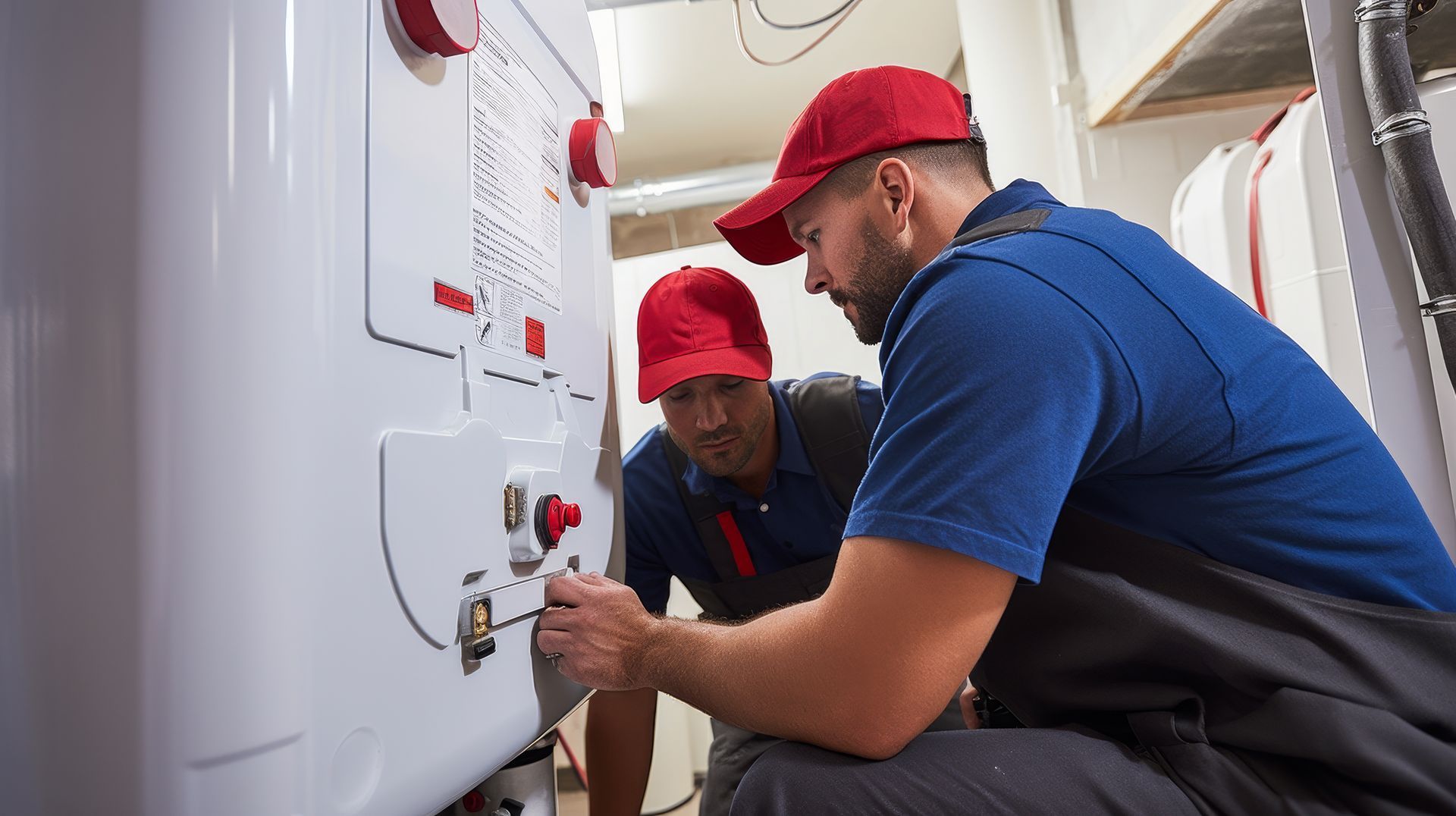Two men are working on a water heater in a room.