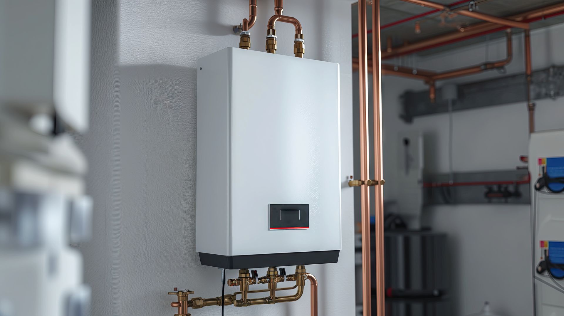 A white boiler is hanging on a wall next to copper pipes.