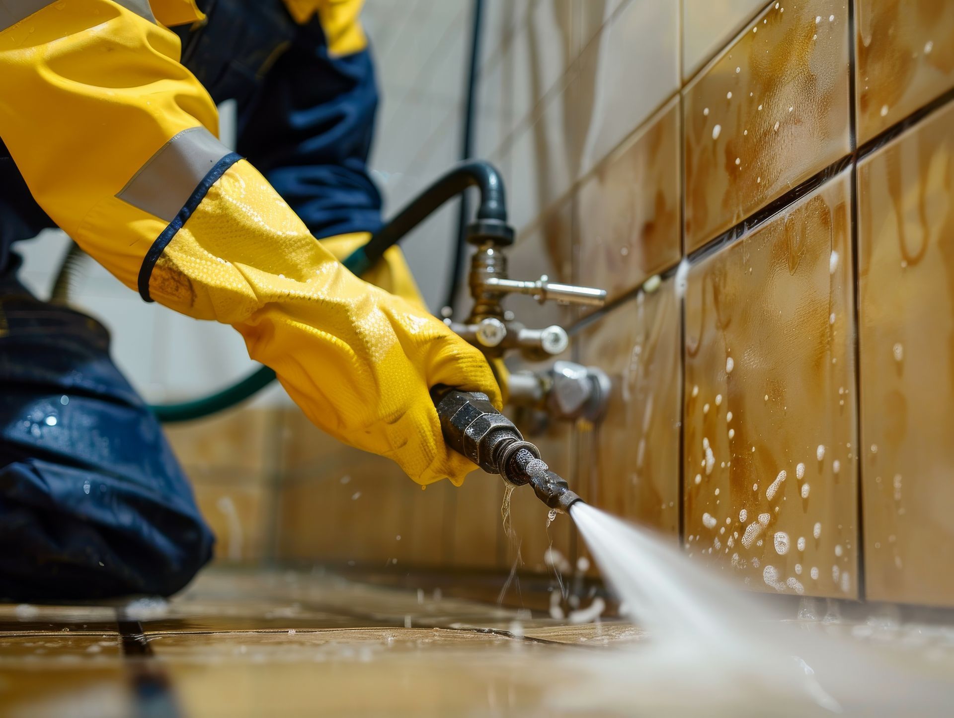 A person wearing yellow gloves is using a high pressure washer to clean a bathroom.