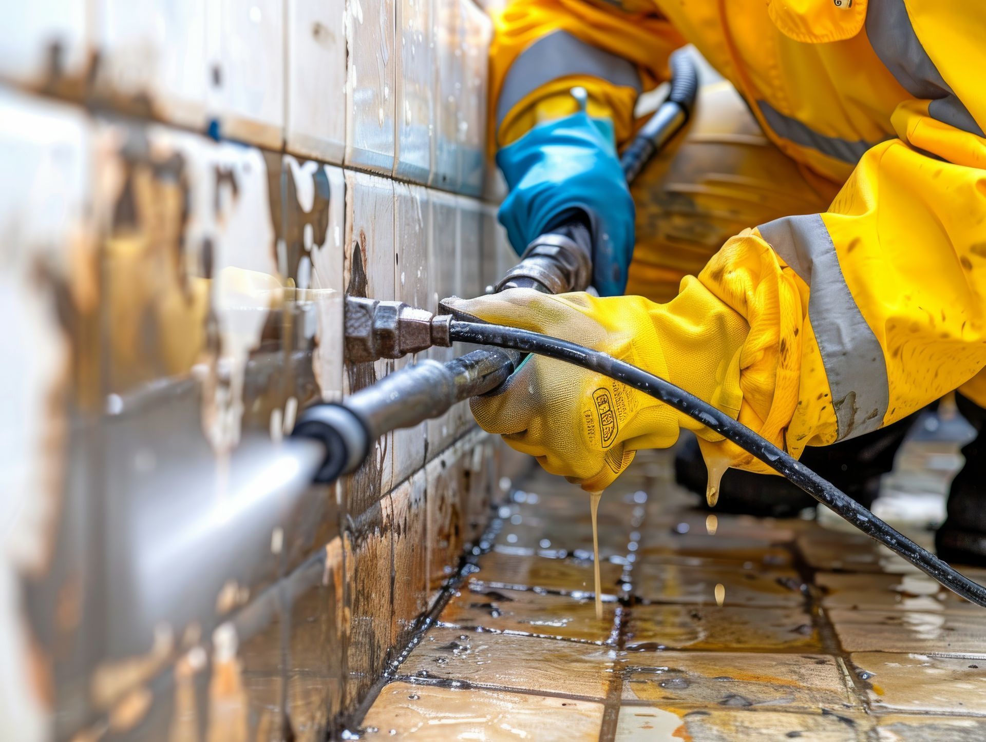 A man in a yellow suit is using a high pressure washer to clean a pipe.