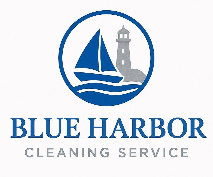 Logo for Blue Harbor Cleaning Service featuring a blue sailboat and grey lighthouse inside a blue circle.