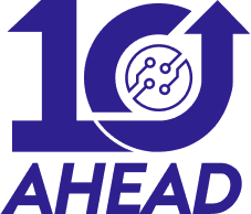 10 AHEAD logo in purple with an upward arrow and circuit icon inside the 0