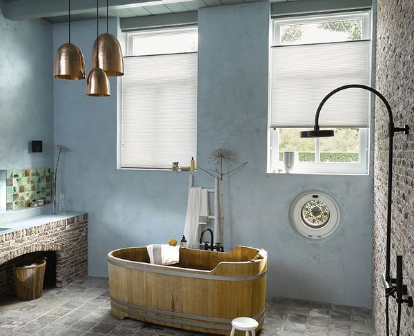 Bathroom With A Wooden Tub, Blue Walls, And Window Blinds — Red Door Decor In Dubbo, NSW