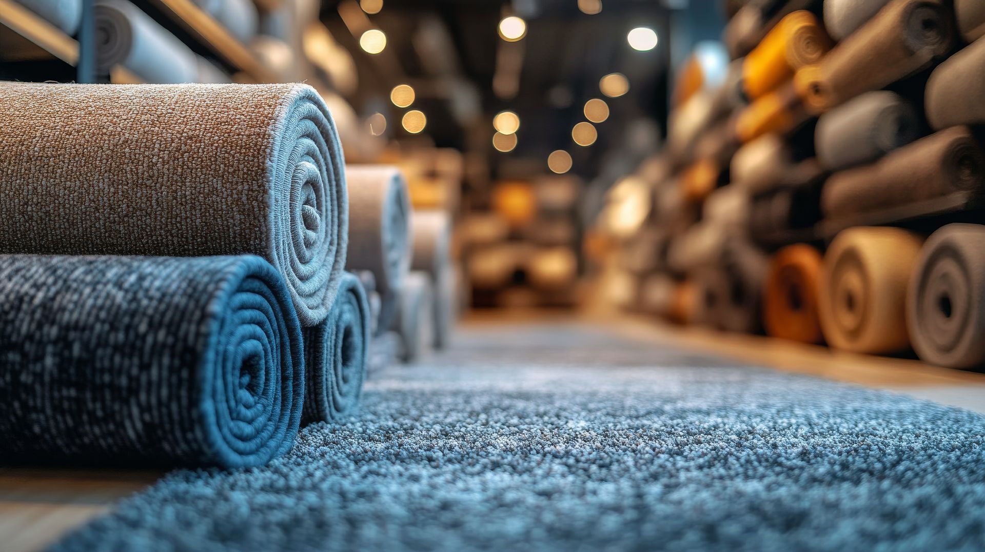 Rolled carpet samples in blue, gray & brown at a flooring store showroom. Rolled carpet samples in blue, gray & brown at a flooring store showroom.
