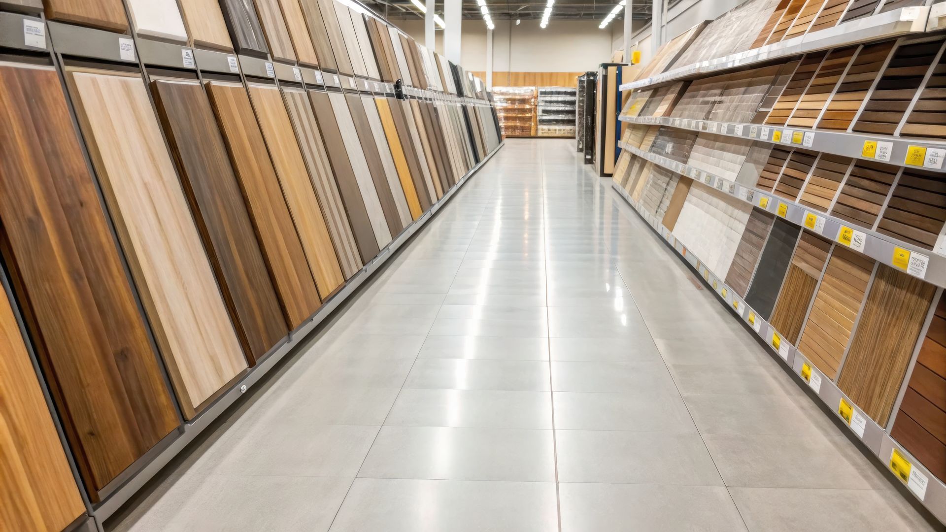 Flooring samples displayed in a home improvement showroom Flooring samples displayed in a home improvement showroom
