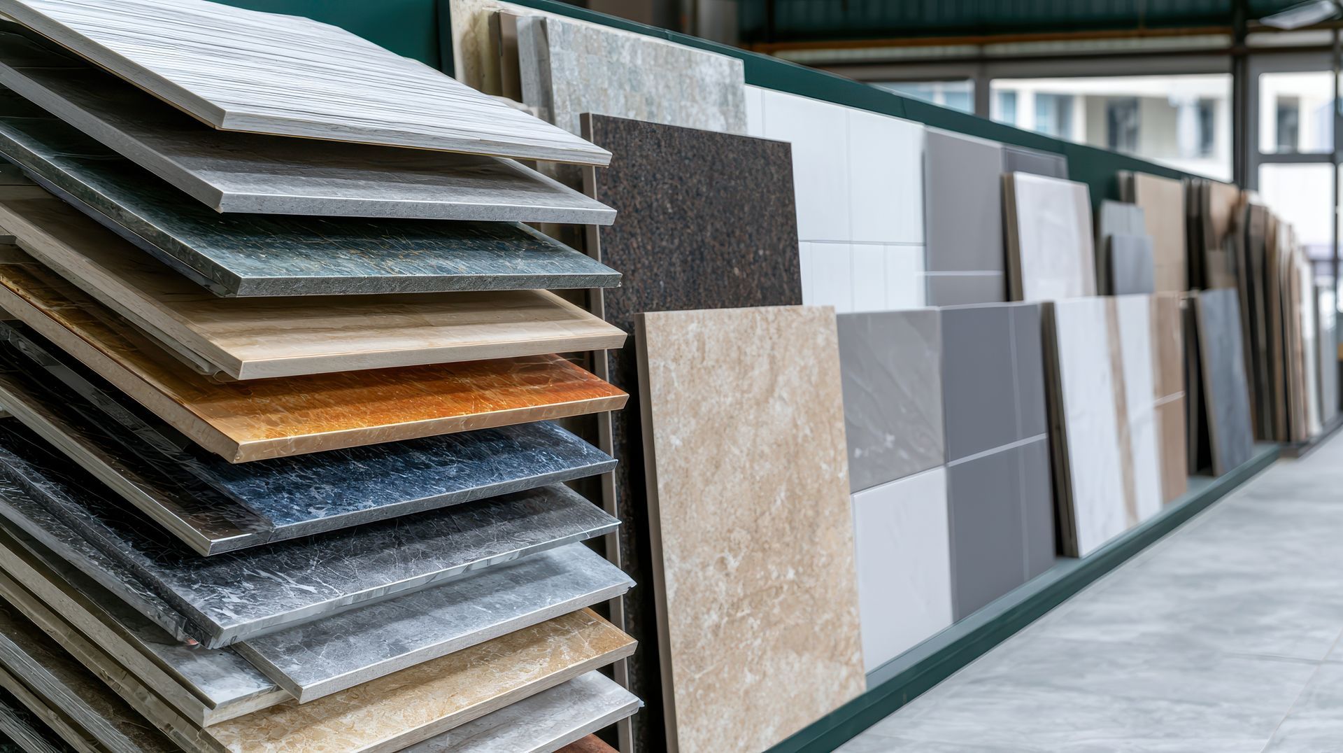 Tile and stone flooring samples displayed on a showroom rack.