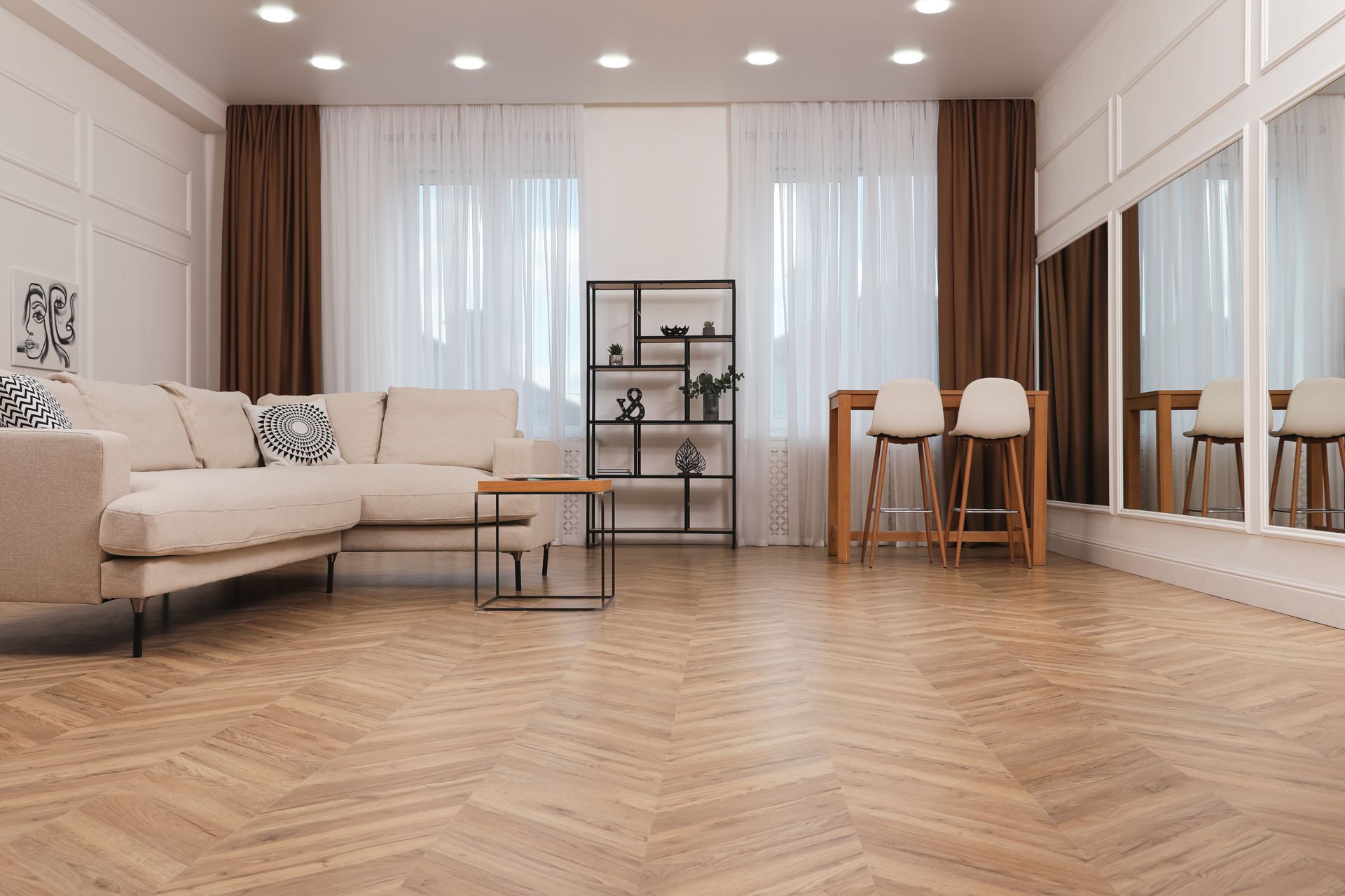 Modern living room with parquet flooring and stylish furniture. Modern living room with parquet flooring and stylish furniture.