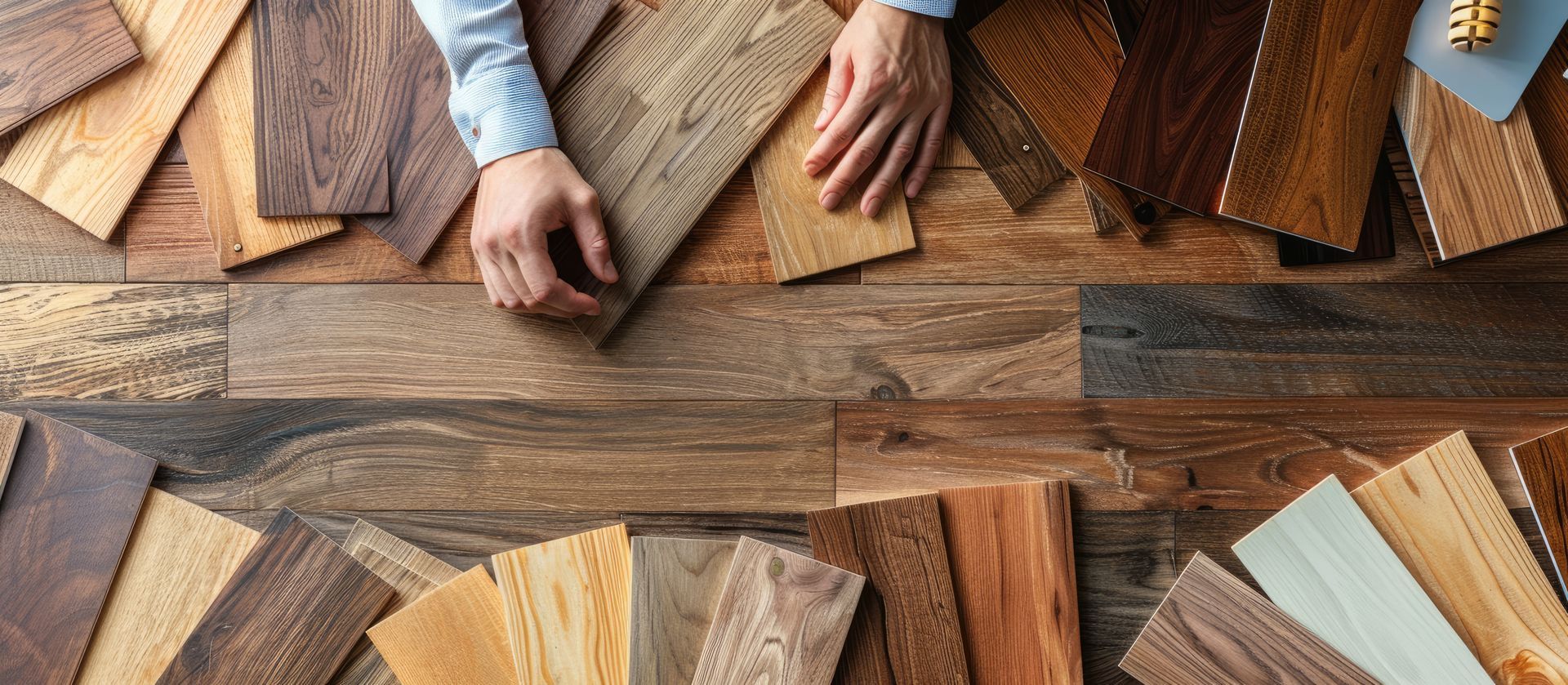 Hands comparing light and dark wood plank samples arranged on a floor at a hardwood flooring store.