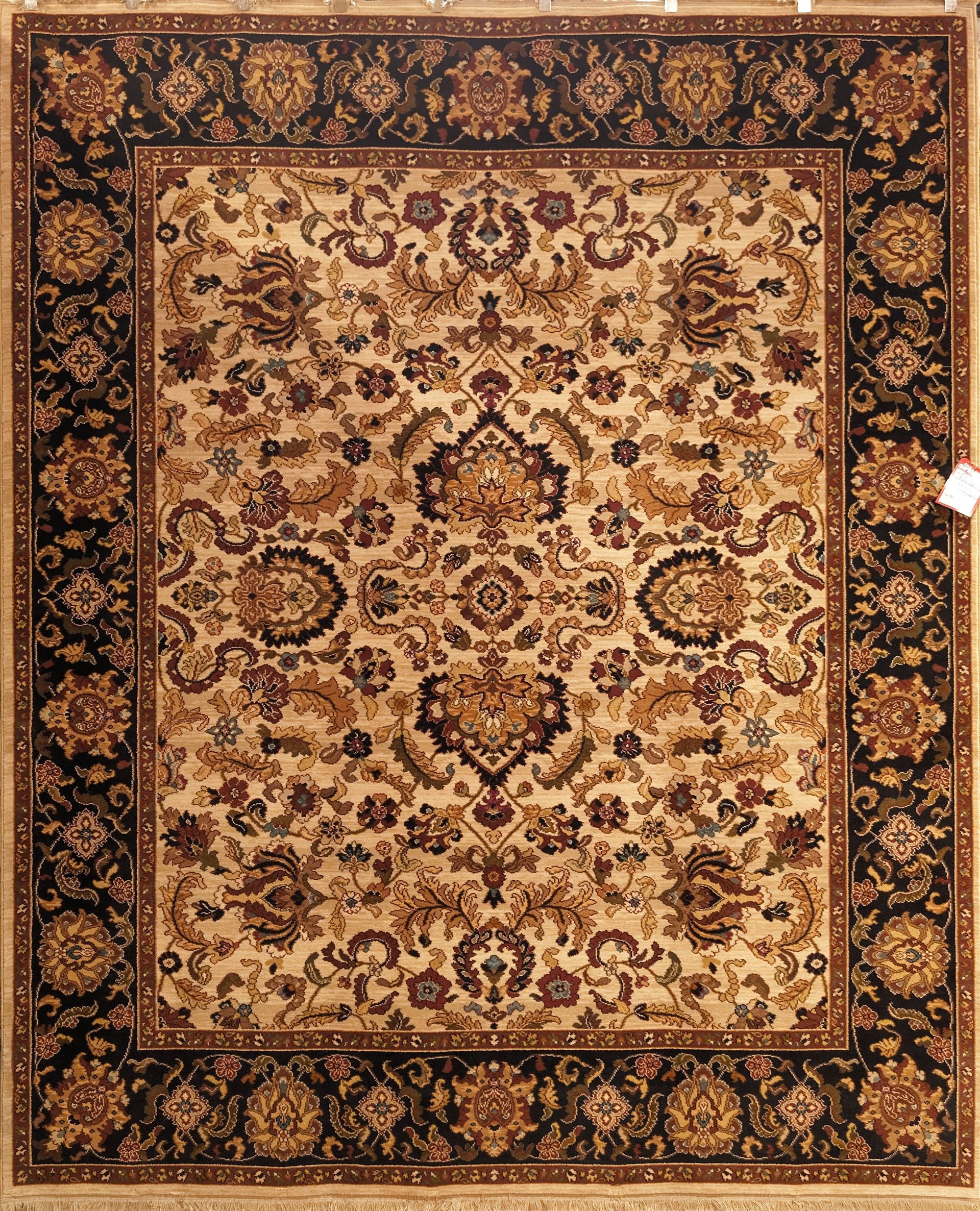 Ornate beige and brown patterned area rug with a dark border