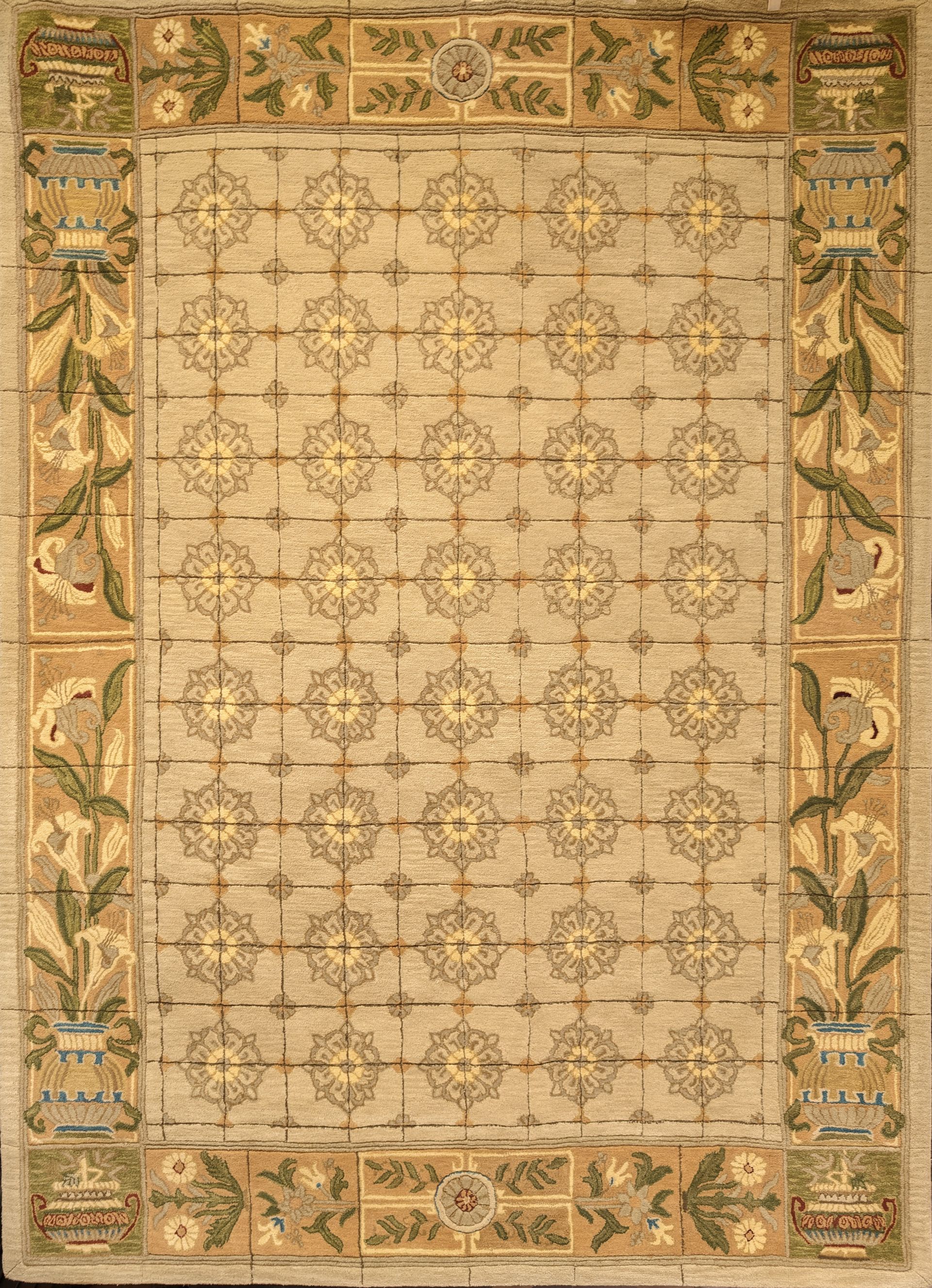 Beige vintage patterned rug with floral motifs and ornate border.