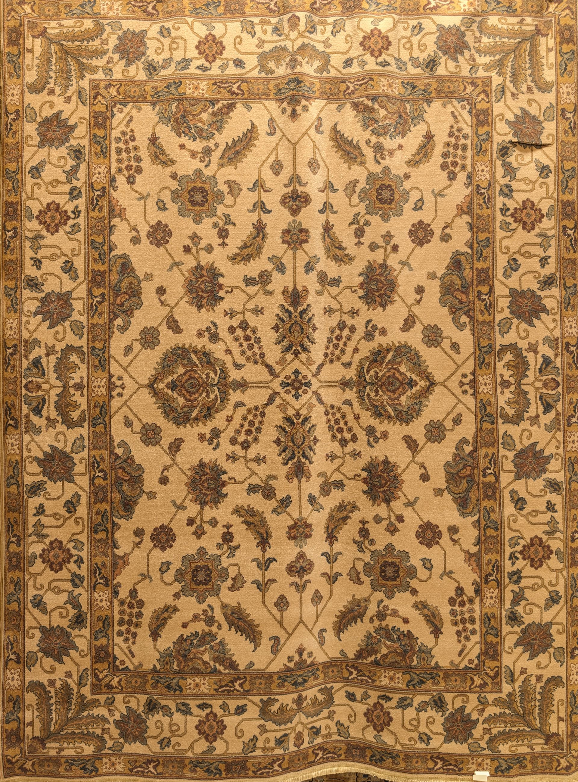 Beige floral oriental rug with ornate border and symmetrical central medallion pattern