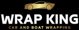 Logo WRAP KING con silhouette di un'auto dorata e scritta "CAR AND BOAT WRAPPING" su sfondo nero.