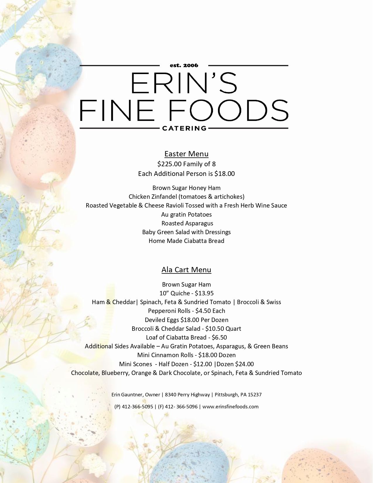 Easter Catering Menu Pittsburgh, PA Erin's Fine Foods