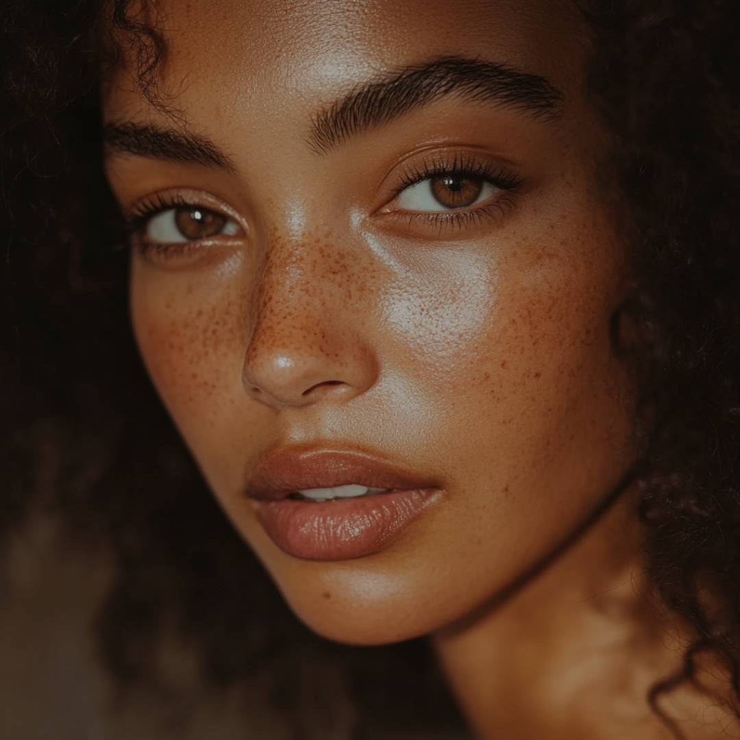 A close up of a woman 's face with freckles