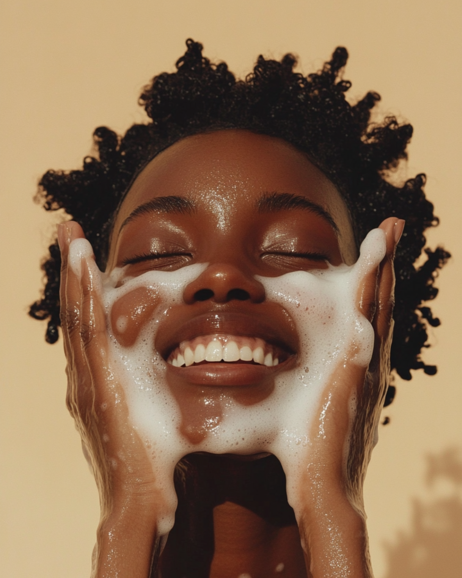 A woman is washing her face with soap and smiling.