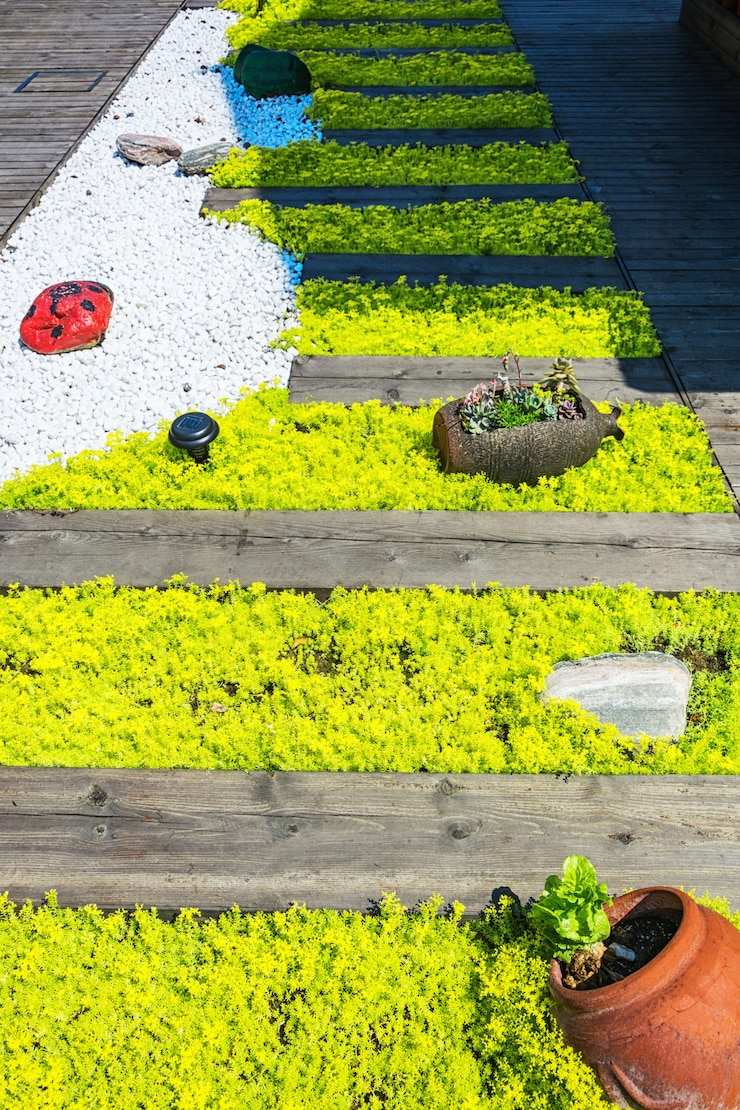 A wooden walkway surrounded by yellow flowers and white gravel.
