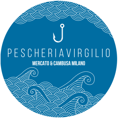 Blue circular logo for Pescheria Virgilio, with white wave patterns and fish hook icon; Mercato & Cambusa Milano.