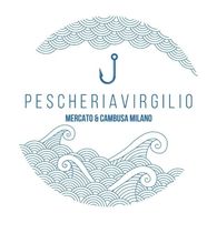 Pescheria Virgilio logo with blue waves and hook, text “Mercato a Cambusa Milano”