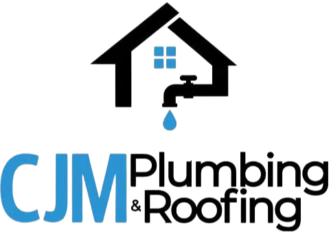 Logo for CJM Plumbing & Roofing featuring a house icon with a faucet dripping a blue water drop.