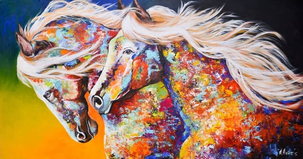 Colorful abstract painting of two horses facing each other, with flowing white manes on a bright orange-yellow background