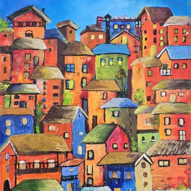 Colorful painting of tightly packed houses with blue, red, and yellow roofs in a cheerful hillside town.